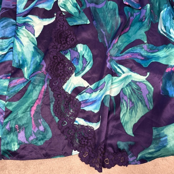 In Bloom by Jonquil Set Robe Slip Nightgown Med Large Purple Lace Teal Floral - Picture 3 of 14